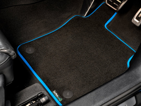 Ford Transit Custom Active Manual Van 2020-2023 Van Mats (drivers side holes offset) // Black Executive, Light Blue Trim