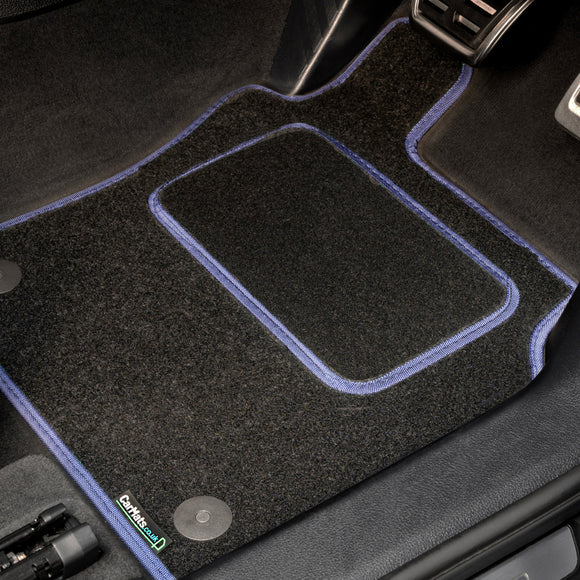 Ford Transit Custom Manual Van 2019-2023 Van Mats (drivers side holes offset) // Black Grand, Blue Trim