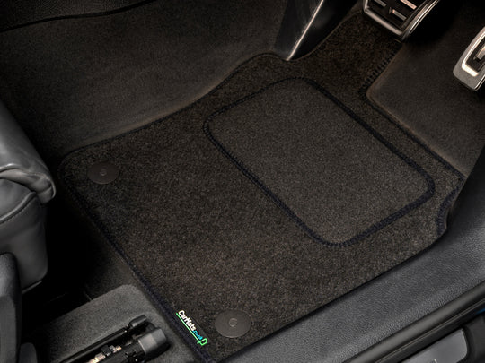 Ford Transit Custom Manual Van 2019-2023 Van Mats (2 piece front, drivers side holes parallel) // Black Motor, Black Trim