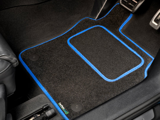 Ford Tourneo Custom Minibus 2015-2018 Front Van Mats (drivers side holes offset) // Black Motor, Blue Trim