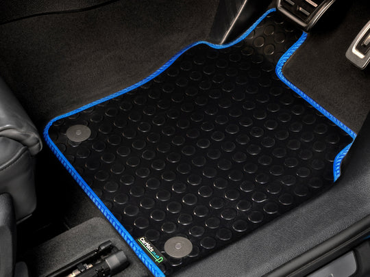 Ford Transit Electric Van 2022+ Van Mats // Black Off Road Rubber, Blue Trim