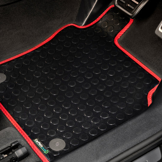 Volkswagen T7 Multi Van 2022+ Van Mats (two piece) // Black Off Road Rubber, Red Trim