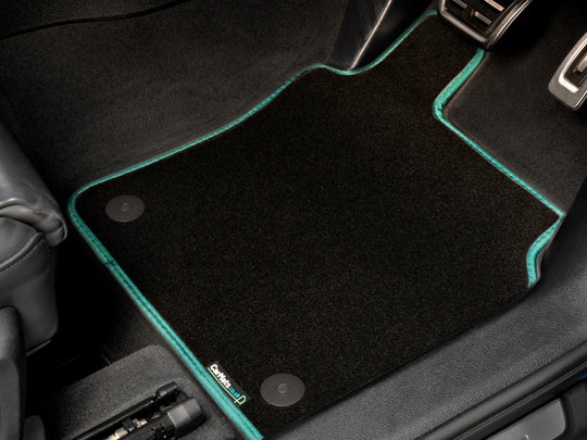 Ford Transit Custom Manual Van 2019-2023 Van Mats (drivers side holes offset) // Black Super, Green Trim
